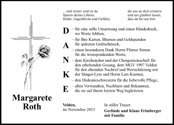 Traueranzeige von Margarete Roth von Hersbrucker Zeitung