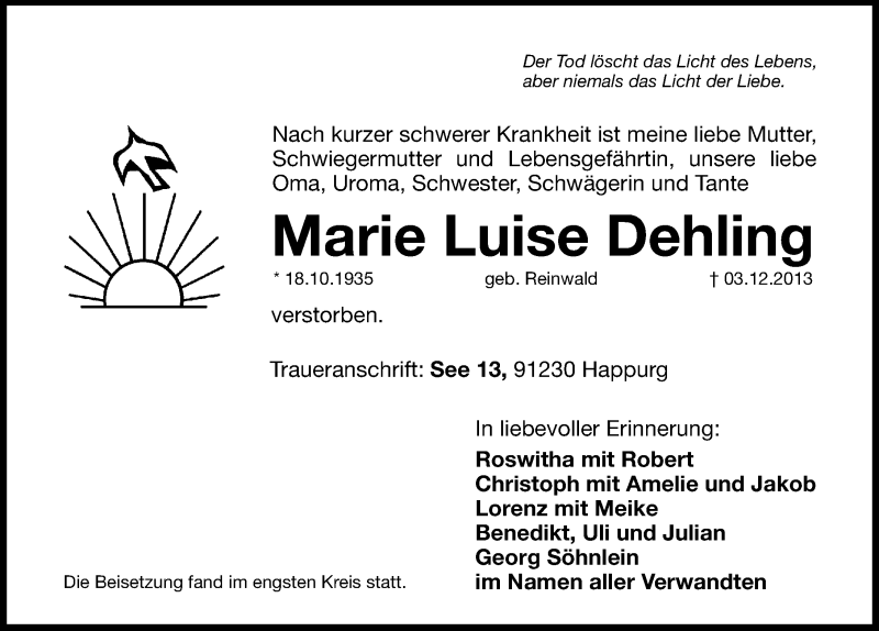 Traueranzeige für Marie Luise Dehling vom 07.12.2013 aus Hersbrucker Zeitung