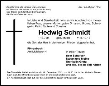 Traueranzeige von Hedwig Schmidt von Hersbrucker Zeitung
