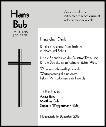 Traueranzeige von Hans Bub von Hersbrucker Zeitung