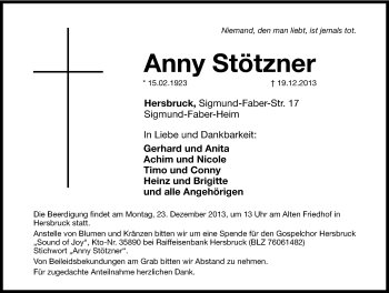 Traueranzeige von Anny Stötzner von Hersbrucker Zeitung
