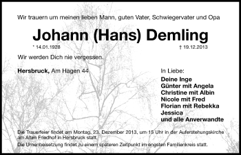 Traueranzeige von Johann Demling von Hersbrucker Zeitung
