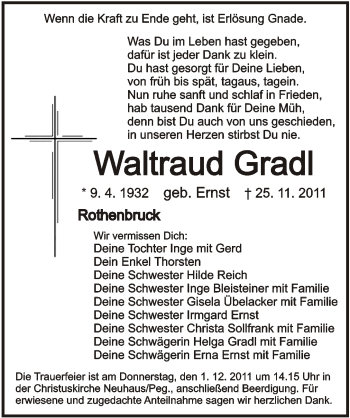 Traueranzeige von Waltraud Gradl von Hersbrucker Zeitung