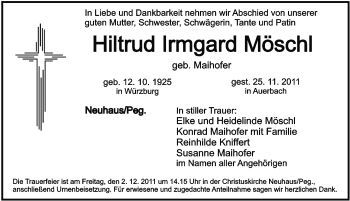 Traueranzeige von Hiltud Irmgard Möschl von Hersbrucker Zeitung