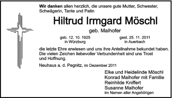 Traueranzeige von Hiltrud Irmgard Möschl von Hersbrucker Zeitung