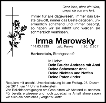 Traueranzeige von Irma Marowsky von Hersbrucker Zeitung