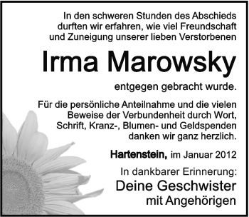 Traueranzeige von Irma Marowsky von Hersbrucker Zeitung