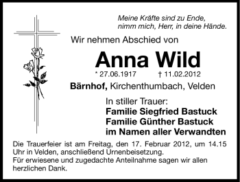 Traueranzeige von Anna Wild von Hersbrucker Zeitung