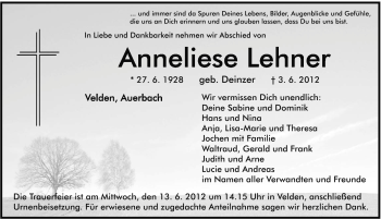 Traueranzeige von Anneliese Lehner von Hersbrucker Zeitung