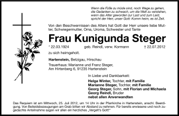 Traueranzeige von Kunigunda Steger von Hersbrucker Zeitung