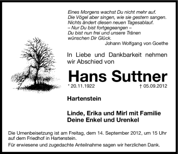 Traueranzeige von Hans Suttner von Hersbrucker Zeitung