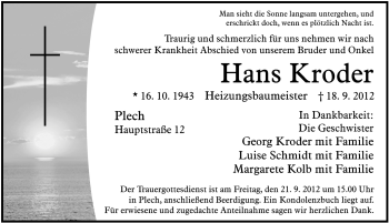 Traueranzeige von Hans Kroder von Hersbrucker Zeitung