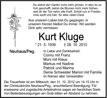 Traueranzeige von Kurt Kluge von Hersbrucker Zeitung