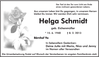Traueranzeige von Helga Schmidt von Hersbrucker Zeitung