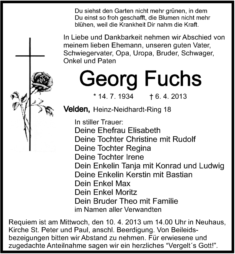  Traueranzeige für Georg Fuchs vom 09.04.2013 aus Hersbrucker Zeitung