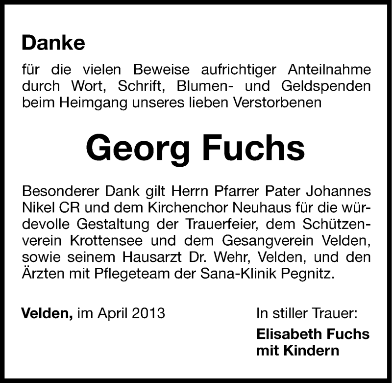  Traueranzeige für Georg Fuchs vom 20.04.2013 aus Hersbrucker Zeitung