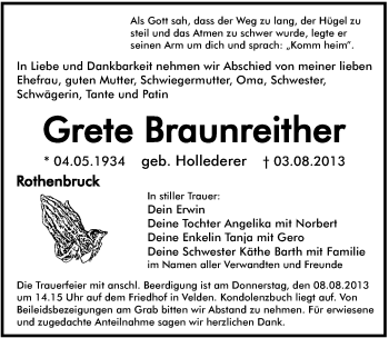 Traueranzeige von Grete Braunreither von Hersbrucker Zeitung