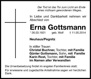 Traueranzeige von Erna Gottsmann von Hersbrucker Zeitung