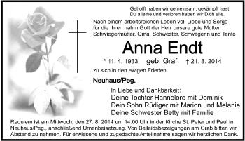 Traueranzeige von Anna Endt von Hersbrucker Zeitung