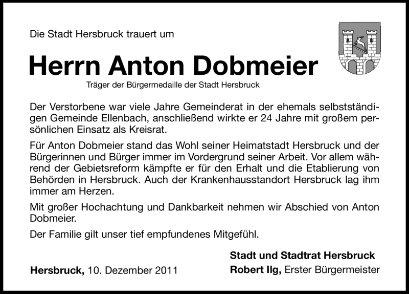 Traueranzeige für Anton Dobmeier vom 10.12.2011 aus Hersbrucker Zeitung