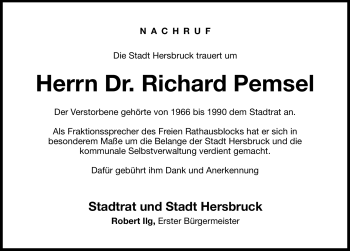 Traueranzeige von Richard Pemsel von Hersbrucker Zeitung