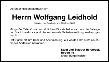 Traueranzeige von Wolfgang Leidhold von Hersbrucker Zeitung