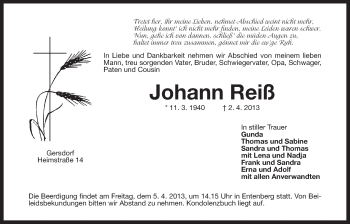 Traueranzeige von Johann Reiß von Der Bote