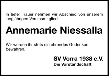 Traueranzeige von Annemarie Niessalla von Hersbrucker Zeitung