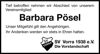 Traueranzeige von Barbara Pösel von Hersbrucker Zeitung