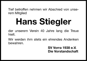 Traueranzeige von Hans Stiegler von Hersbrucker Zeitung
