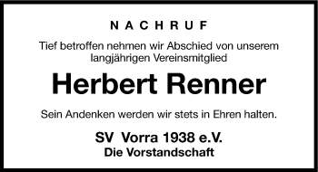 Traueranzeige von Herbert Renner von Hersbrucker Zeitung