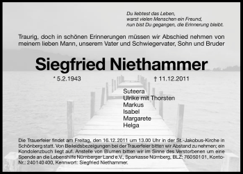 Traueranzeige von Siegfried Niethammer von Hersbrucker Zeitung