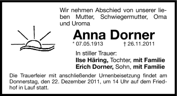 Traueranzeige von Anna Dorner von Hersbrucker Zeitung