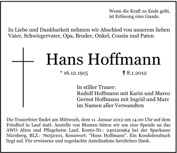 Traueranzeige von Hans Hoffmann von Hersbrucker Zeitung