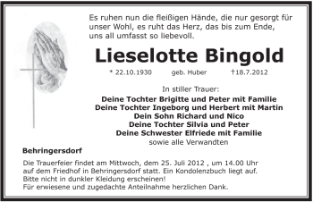 Traueranzeige von Lieselotte Bingold von Hersbrucker Zeitung