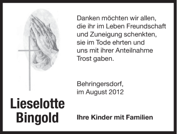 Traueranzeige von Lieselotte Bingold von Hersbrucker Zeitung