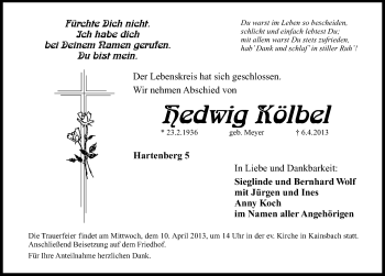Traueranzeige von Hedwig Kölbel von Hersbrucker Zeitung