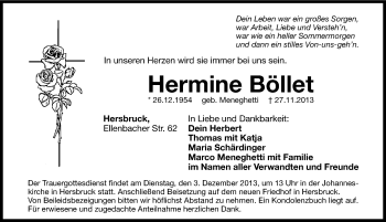 Traueranzeige von Hermine Böllet von Hersbrucker Zeitung