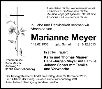 Traueranzeige von Marianne Meyer von Hersbrucker Zeitung