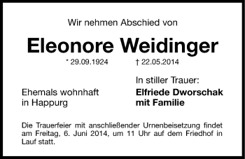 Traueranzeige von Eleonore Weidinger von Hersbrucker Zeitung