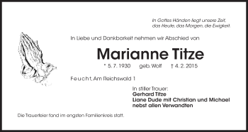 Traueranzeige von Marianne Titze von Der Bote
