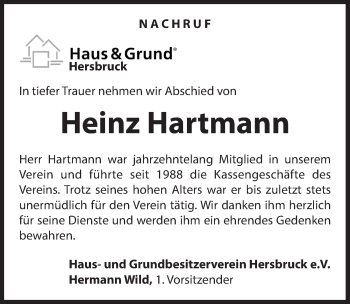 Traueranzeige von Heinz Hartmann von Hersbrucker Zeitung
