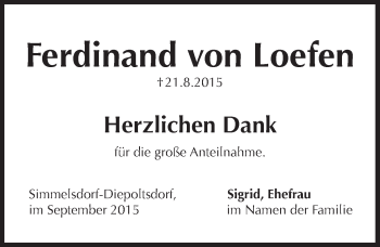 Traueranzeige von Ferdinand von Loefen von Pegnitz-Zeitung