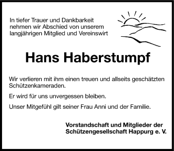 Traueranzeige von Hans Haberstumpf von Hersbrucker Zeitung