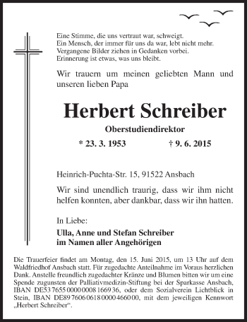 Traueranzeige von Herbert Schreiber von Pegnitz-Zeitung