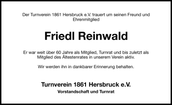 Traueranzeige von Friedl Reinwald von Hersbrucker Zeitung