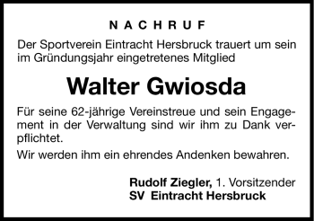 Traueranzeige von Walter Gwiosda von Hersbrucker Zeitung