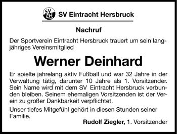 Traueranzeige von Werner Deinhard von Hersbrucker Zeitung