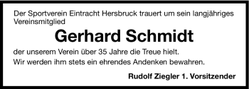 Traueranzeige von Gerhard Schmidt von Hersbrucker Zeitung