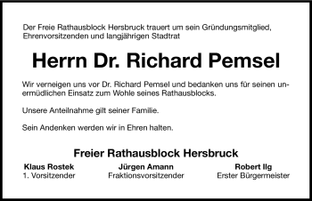 Traueranzeige von Richard Pemsel von Hersbrucker Zeitung